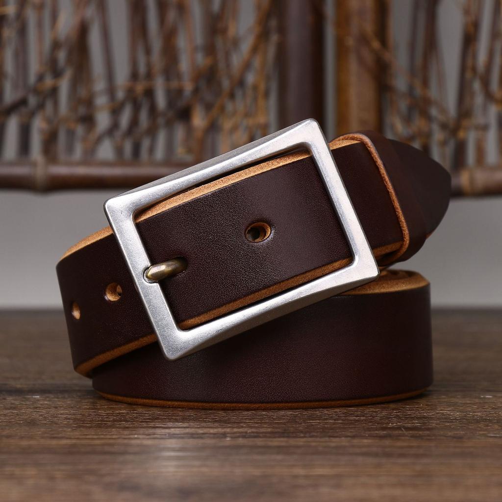 Belt Men's Stainless Steel Buckle Tea Core Leather Thickened First Layer Leather Simple All-Match Casual Jeans Belt Men's