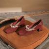 Temperament square head light mouth thick heel women's single shoes new pearl belt Mary Jane fashion comfortable women's shoes