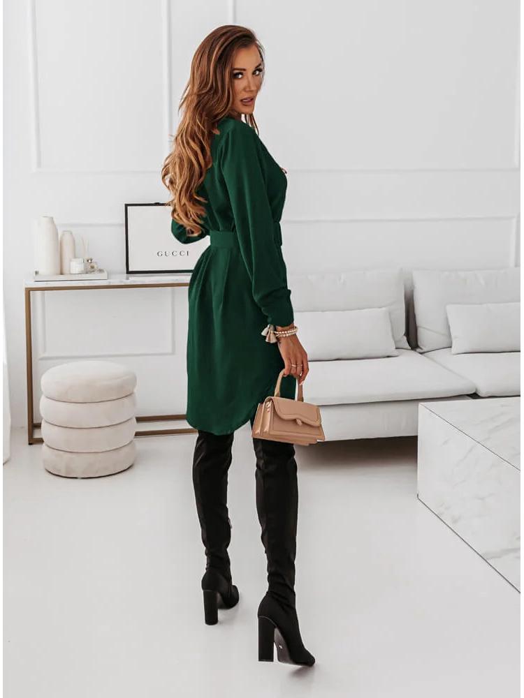 2022 Autumn/Winter Slimming Belted Long Sleeve Collared Dress