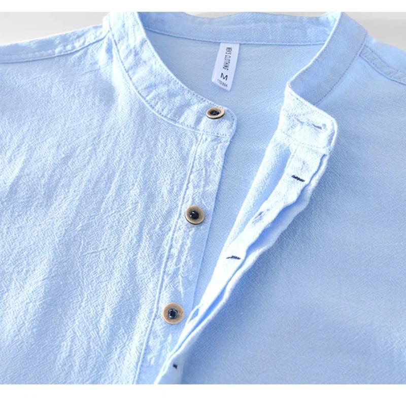Chinese Retro Style Cotton Linen Tshirt for Men Summer Long Sleeve Top Daily Casual Stand Collar Pullover Men T-shirt 4XL