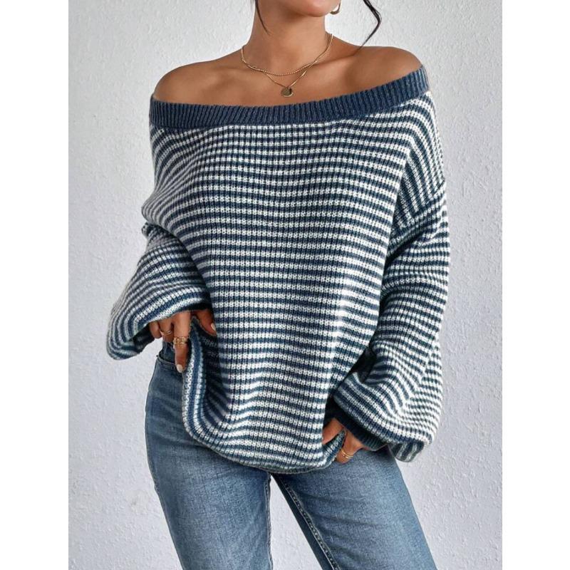Loose Fit Striped Off Shoulder Lantern Sleeve Pullover Sweater