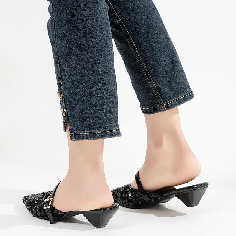 Niche High-end Sequins Silver Cool Slippers Pointed Head Thick Heel Lazy One Pedal Bag Head Half Slippers 2025 Autumn Models