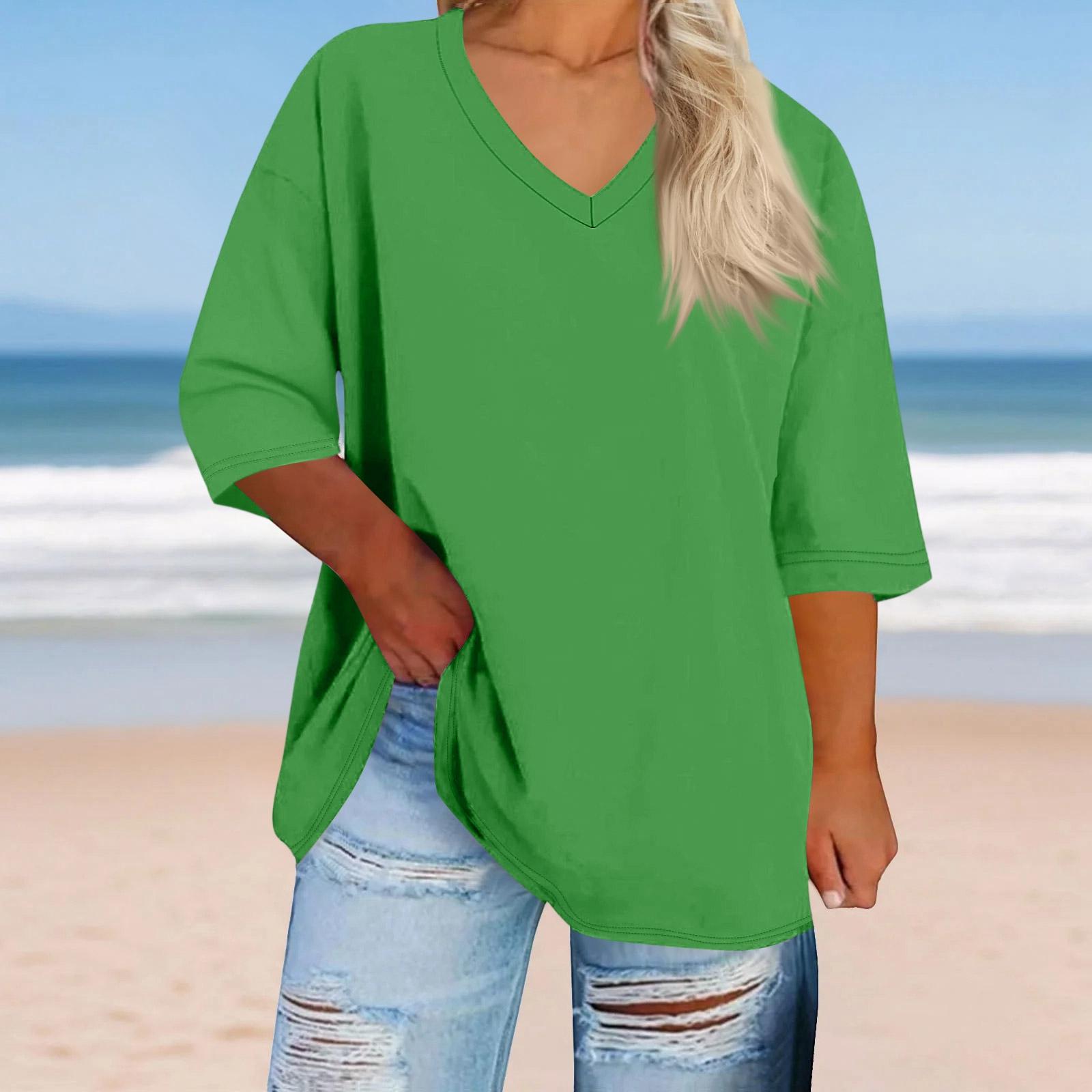 

Women s Plus Size Fashionable Casual Loose-Fit V-Neck 3/4-Sleeve Top XXXXXL зелёный