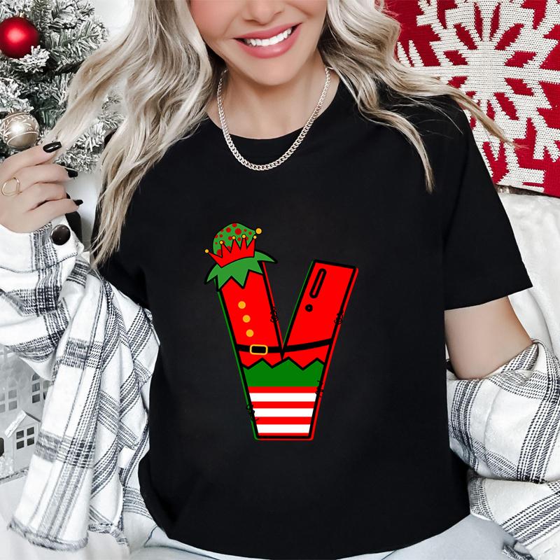 Womens Christmas Alphabet AZ Graphic Print Tshirt Holiday Casual Top with Santa Letters Perfect for Xmas Party Street Wear