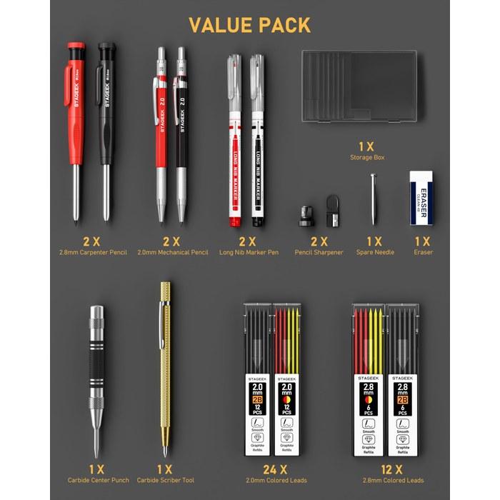 STAGEEK Drafting Pencils 17-Piece Set 2.8mm Carpenter Sharp Pencils Scriber Center Punch Marker Lead Refills (Red, Yellow, Black) - with