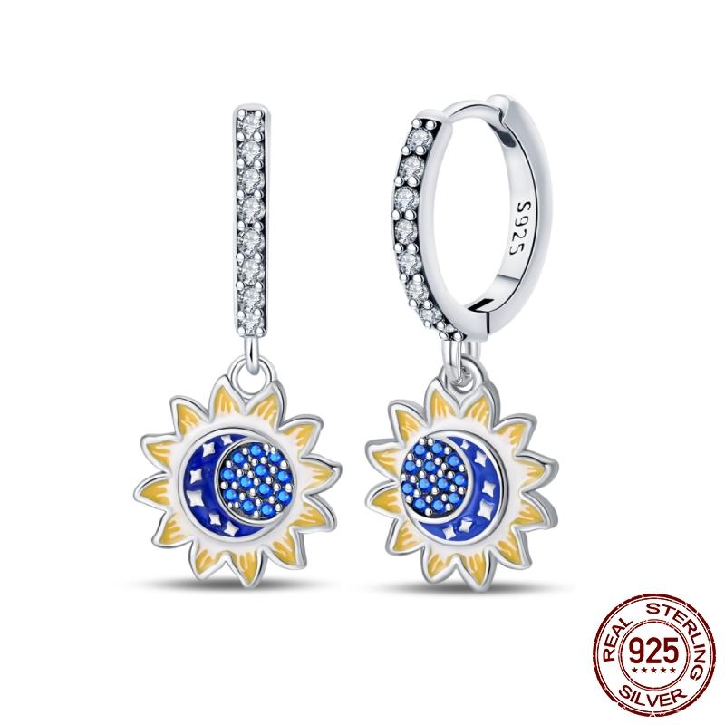 Luminous Shell Women Earrings Original 925 Sterling Silver Pave CZ Star Moon Hoop Earrings Engagement Wedding Jewelry
