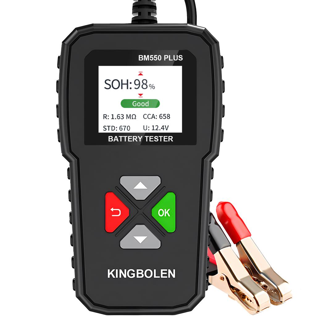 KINGBOLEN BM550 PLUS Tester autobaterií 6V 12V 24V LED displej 100-2000 CCA 2-200Ah Tester alternátoru automobilu Digitální baterie