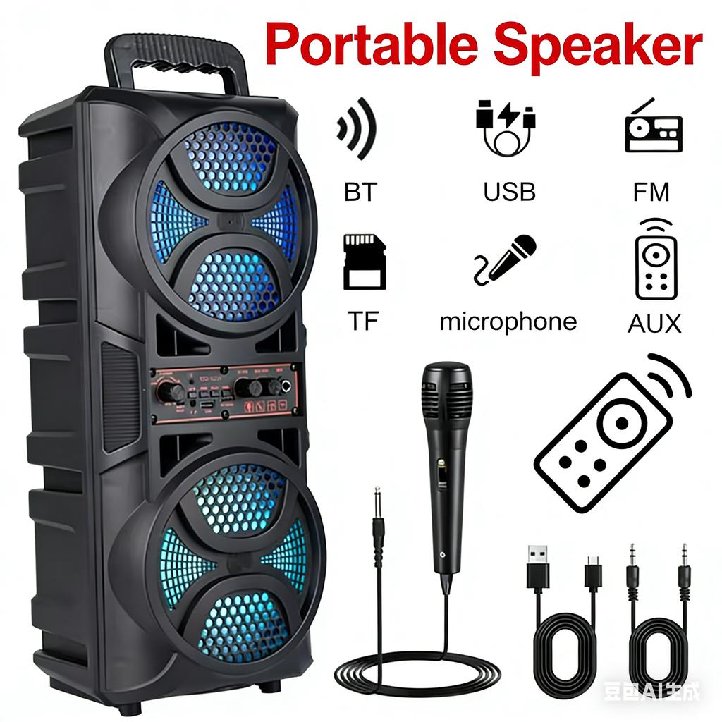 Portable Outdoor Wireless Speaker 6.5 inch Stereo Subwoofer Deep Bass LED Lights FM Radio USB/TF/AUX/FM/BT/MIC For Home Karaoke