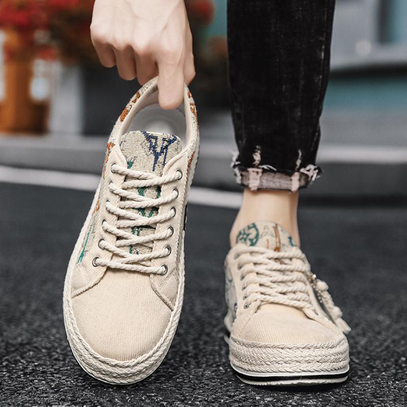 Men'S Canvas Shoes Outdoor Sneakers Fashion Lace-Up Flat Shoes Breathable Men Vulcanized Shoes Handmade Lightweight Casual Shoe