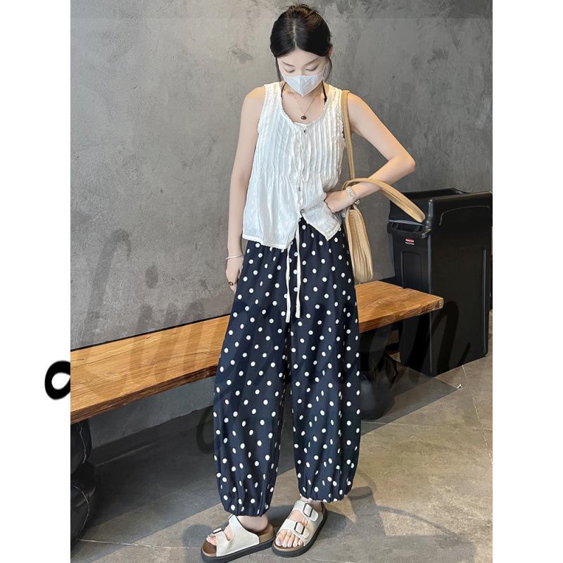 

Women s Summer Loose Fit Polka Dot Wide-Leg Pants - Ice Silk, Cotton, Linen Blend Large темно-синього кольору