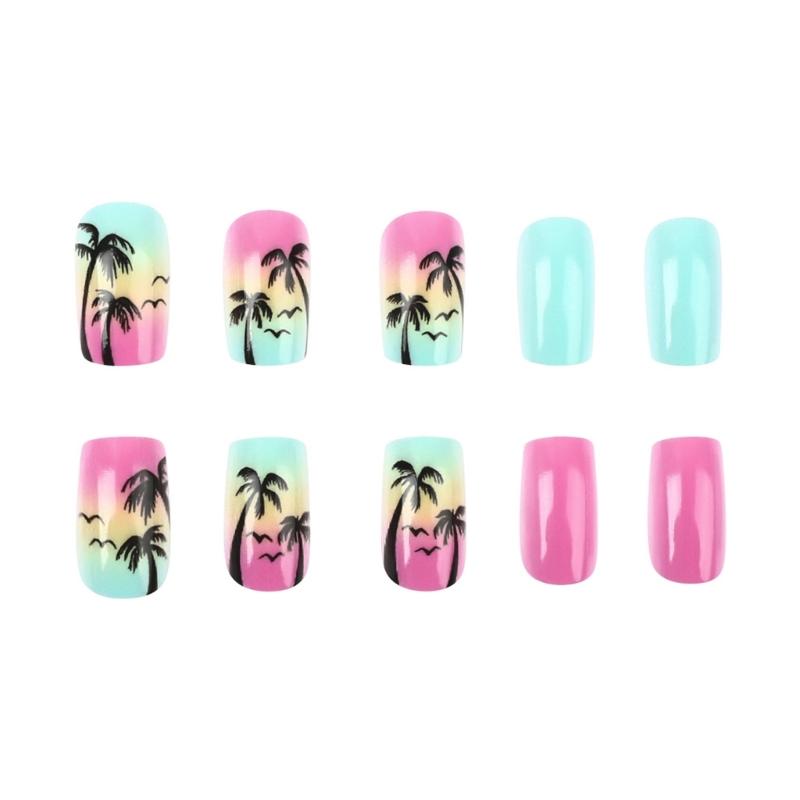 24 Pcs Gradient Artificial Nail Short Square Full Cover False Nail Glossy Stick on Nail Coconut Tree Press On Nail