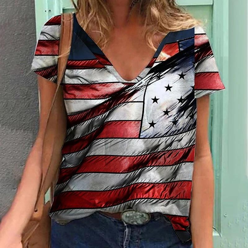 Summer Casual and Comfortable American Flag 3D Printed Women's V-neck Short Sleeved T-shirt
