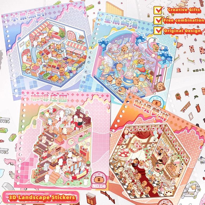 Sevimli 3 Boyutlu Çizgi Film Kapibara Çıkartma Kitabı Kendin Yap Manzara Çıkartmaları Kulübe Manzarası Çıkartma Kombinasyon Kitap Seti Oyun Kitapları Festival Hediyeleri