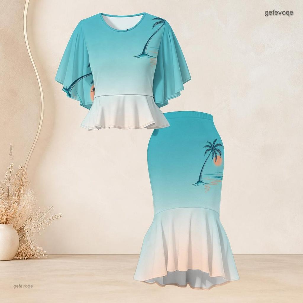 Women Plus Size Crew Neck Turquoise Gradient Palm Printed Batwing Sleeve Ruffle Hem Top Fishtail Skirt Two Piece Set