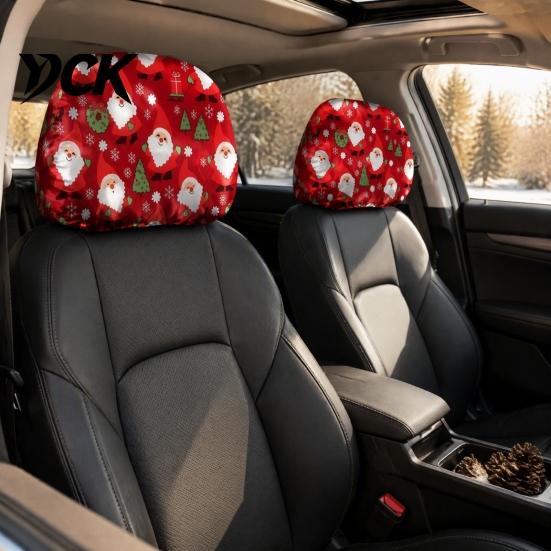 Holiday Themed Car Accessories 2Pcs Santa Headrest Covers, Christmas Printed Pillow Cases, Universal Fit Auto Interior Decoration for Most Vehicles,