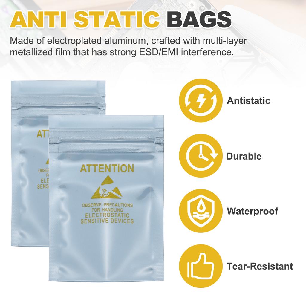 100 Pcs Anti Static Bags Resealable ESD Shielding Bag with Labels for Hard Drive HDD SSD Electronic Device Silver Gray