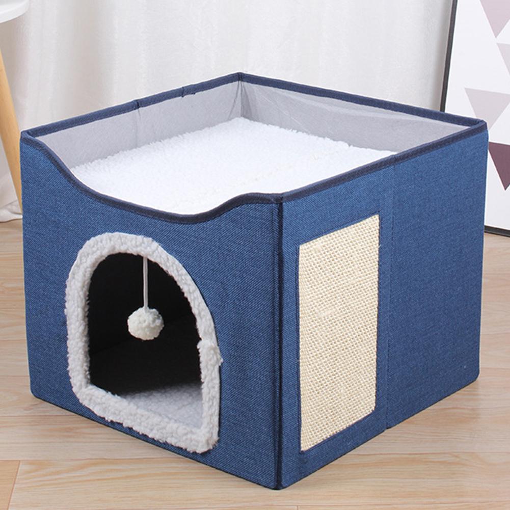 Cat Bed Cat Cube Cave with Fluffy Ball & Scratch Pad Pet Play House Large Kitten Sleeping Bed Comfortable for Indoor Cats