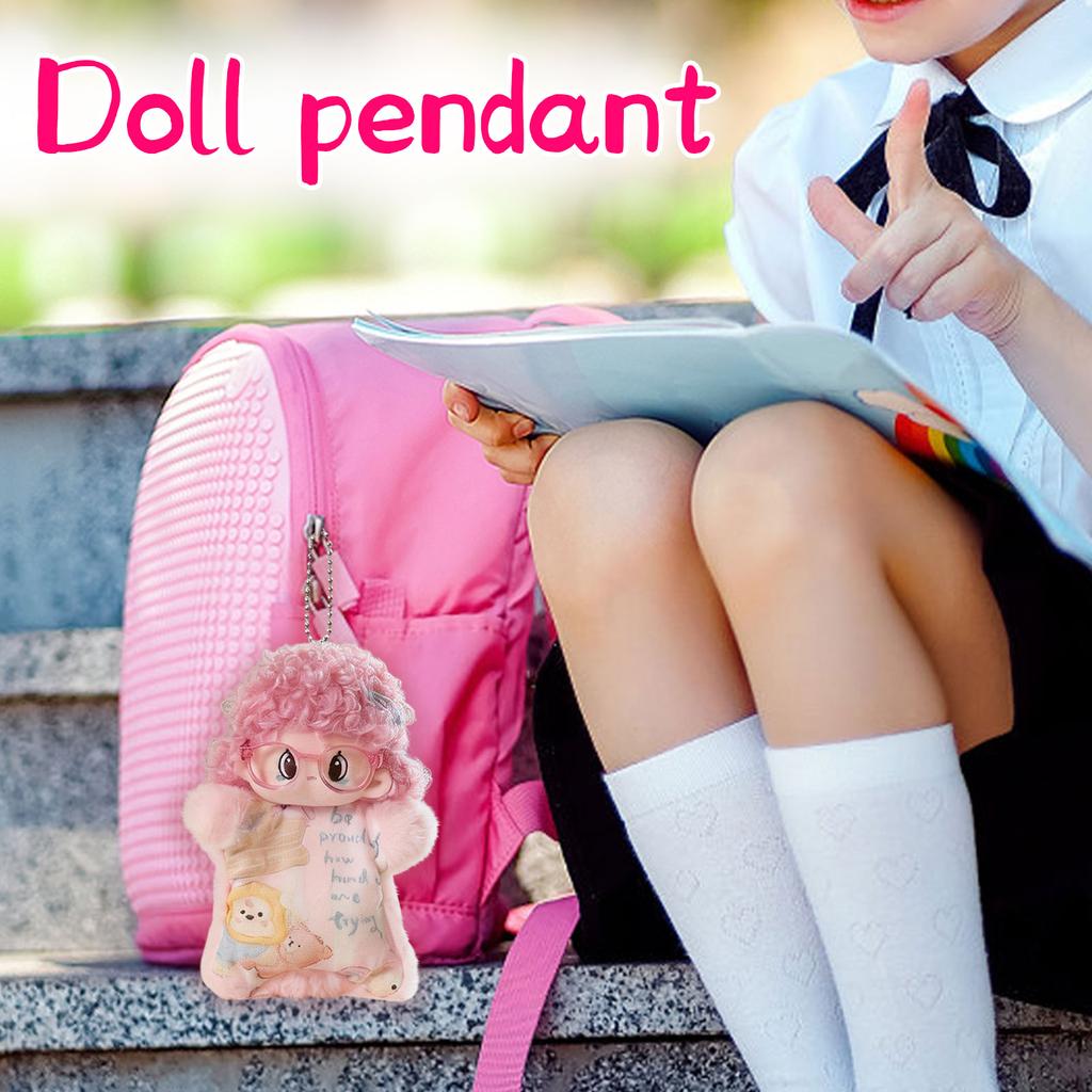 Plush Keychain Doll Soft Curly Hair Stuffed Toy with Printed Outfit and Glasses for Bag Decoration or Collectible Accessory