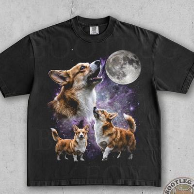 Vintage Three Welsh Corgi Moon. Funny Dog Lover Owner Gift. Cosmic Galaxy Wild Starry Night. 90s Washed Comfort Colors® Graphic T-Shirt
