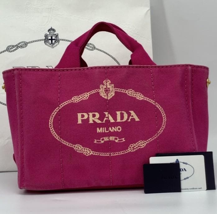 PRADA Canapa Mini Handbag Tote Shoulder Bag Canvas 2WAY Pink Logo Jacquard Women's