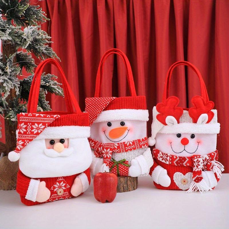 Christmas Gift Tote Bags Set of 3 Festive Cartoon Characters Santa, Snowman, Reindeer with Flip Hat Closure for Holiday Candy, Gifts