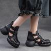 Johnature Retro Dickbesohlte Hohl Atmungsaktive Sandalen Echtes Leder Bequeme Vielseitige Damenschuhe