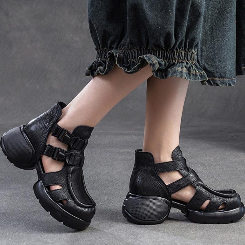 Johnature Retro Dickbesohlte Hohl Atmungsaktive Sandalen Echtes Leder Bequeme Vielseitige Damenschuhe