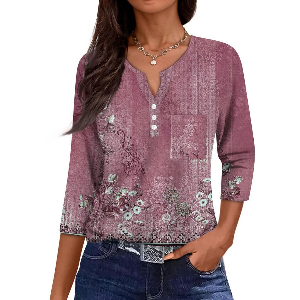 Women's Casual Fashion V-neck Loose Versatile Floral Print Three-quarter Sleeves
