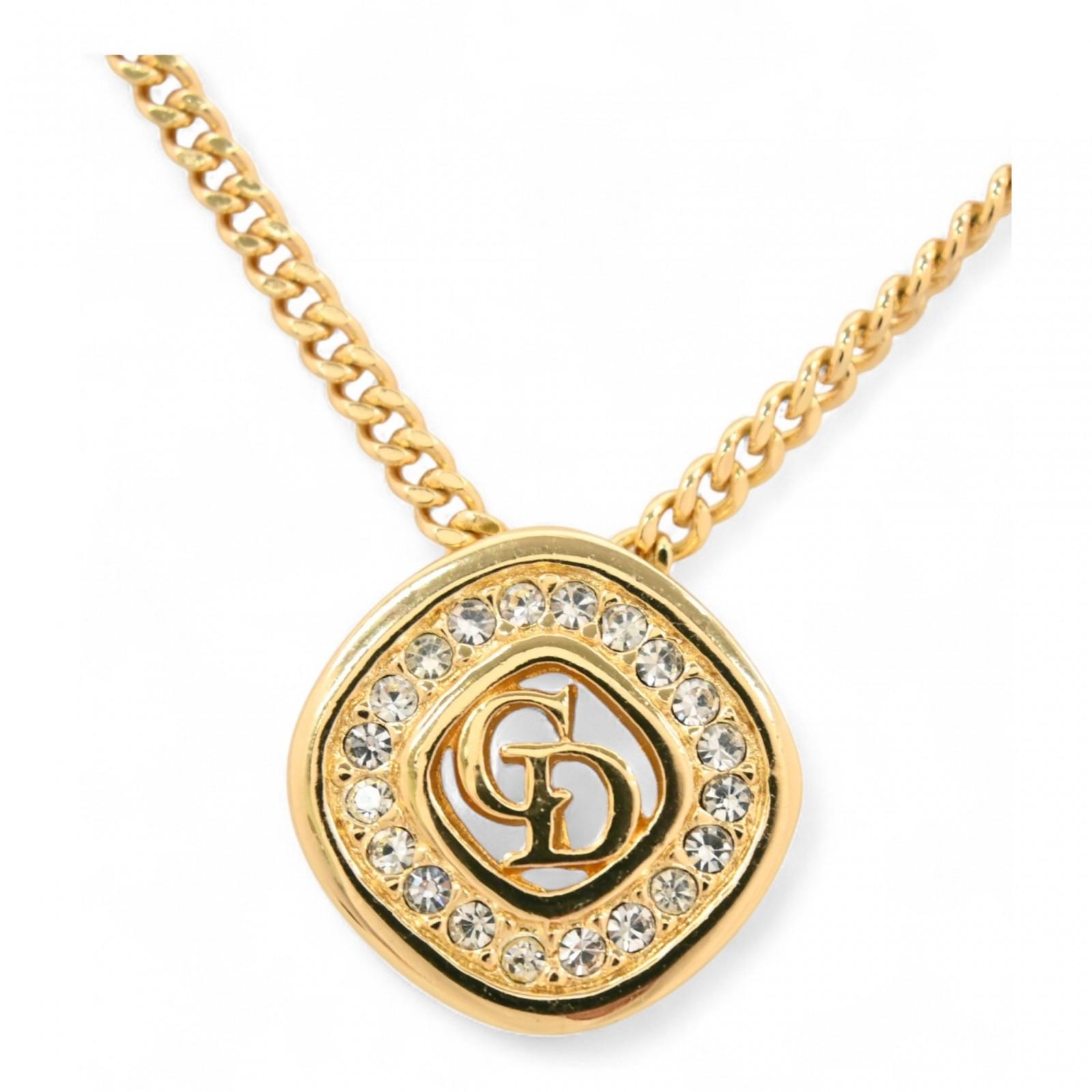 

Auth DIOR CD Logo Rhinestone Necklace Gold Metal A di4408bf