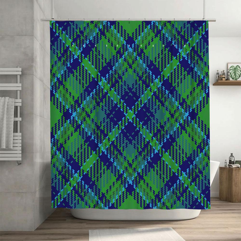 Green Plaid Shower Curtain Waterproof Bath Decor 3D Printed Blue and Green Striped Fabric