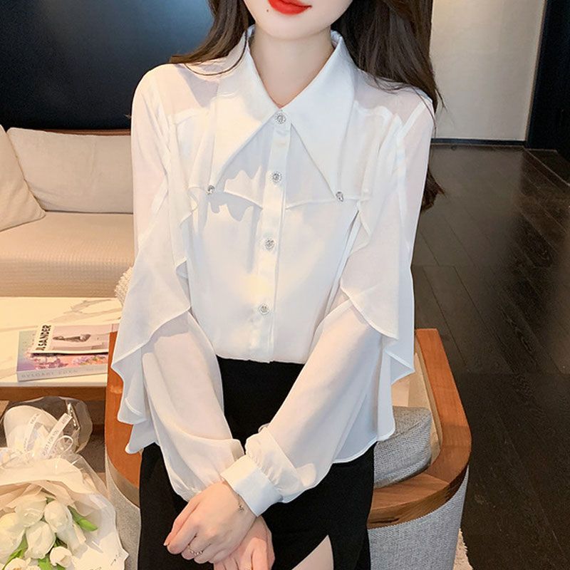 Long-sleeved Chiffon Shirt for Women New Autumn Fashion High-end White Shirt Ruffled Fairy Top