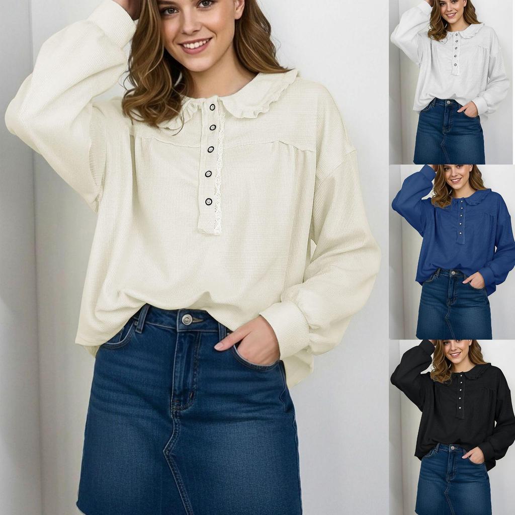 European & American Sweet Style Doll Collar Waffle Knit Long Sleeve Women's Shirt - New Spring Solid Color Design