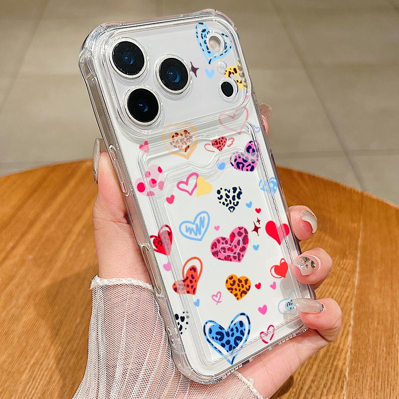 Card Slot Pocket TPU Case For iPhone 17 Pro Air 16e 16 15 14 13 Pro Max 12 11 Leopard Print Love Heart Pattern Soft Phone Cover