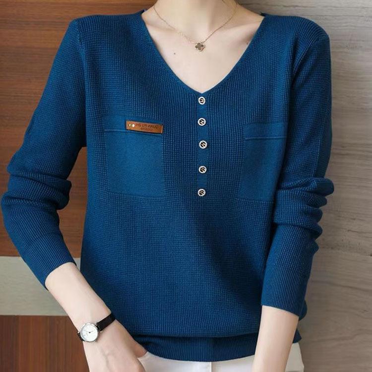 Gestrickter Basic-Pullover für Damen V-Ausschnitt Knopfleiste Langarm Fake-Taschen Pullover Top