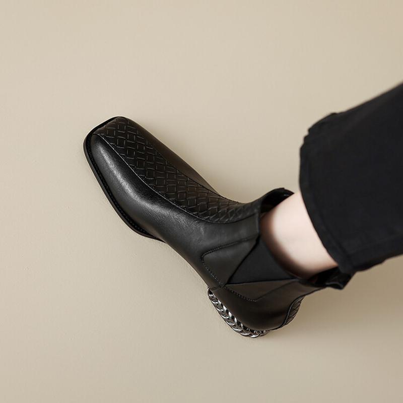 Fashion NEW Autumn/Winter Women Boots Square Toe Chunky Heel Shoes Split Leather Shoes for Women Slip-on Ankle Boots Black Modern Boots