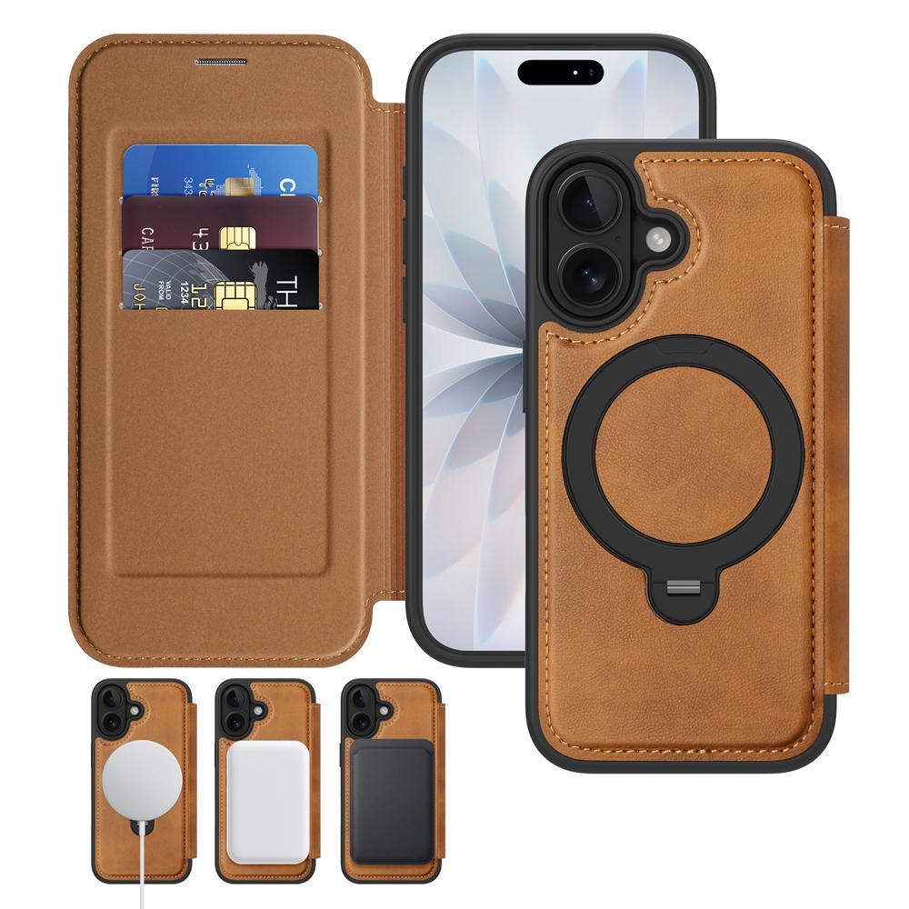 KEYSION Leather Flip Wallet Case for iPhone 15 16 17 Pro Max Air 16Plus 16e Cards Slots Magnetic 360 Ring Stand Phone Back Cover