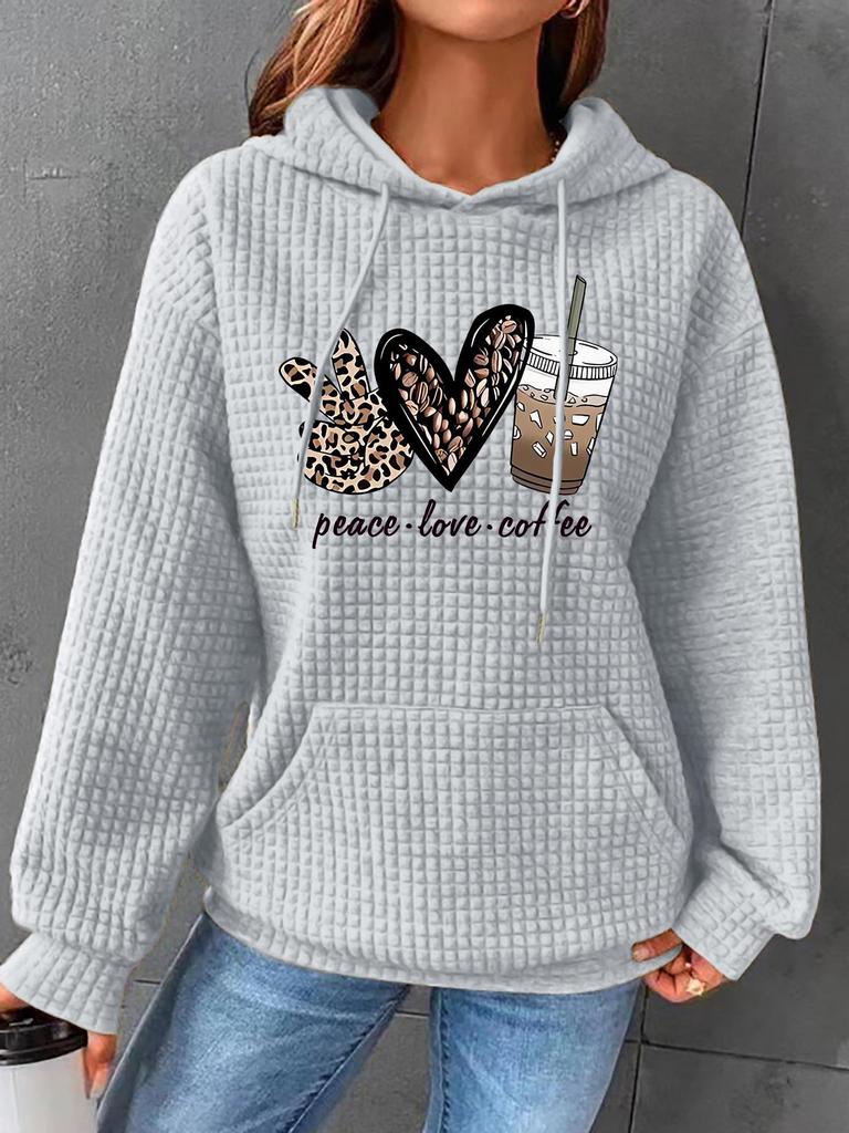 Women's Waffle Knit Hooded Sweatshirt with Kangaroo Pocket - Autumn/Winter, Long Sleeve, Printed, European Size