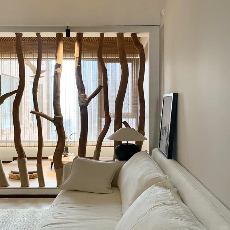 Natural Driftwood Hanging Clothes Rail: Solid Wood Tree Trunk for Decorative Wall Partition In Living Room or Hotel.