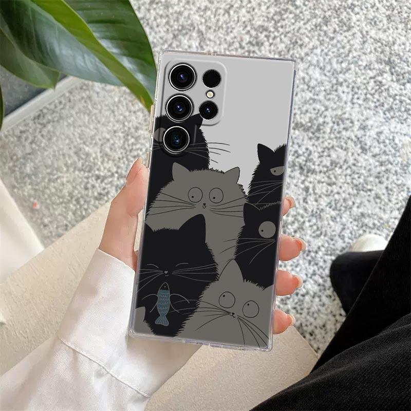 Funny Cartoon Cat Phone Case S25Ultra For Samsung Galaxy S25 S24 S23 S21 Ultra S20 FE S22 Plus A35 A55 S24FE 5G Case Clear Cover