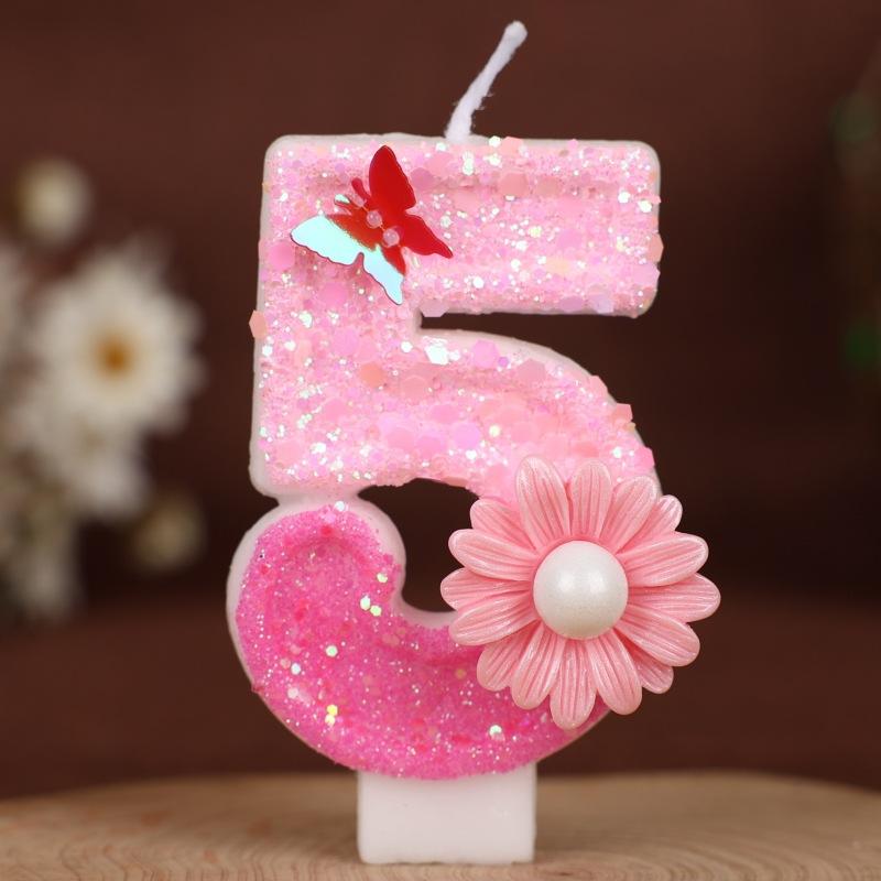 Sequin Pink Flower Butterfly Numbers Birthday Candle Cake Party Decoration One Year Old Handmade Candles 0-9