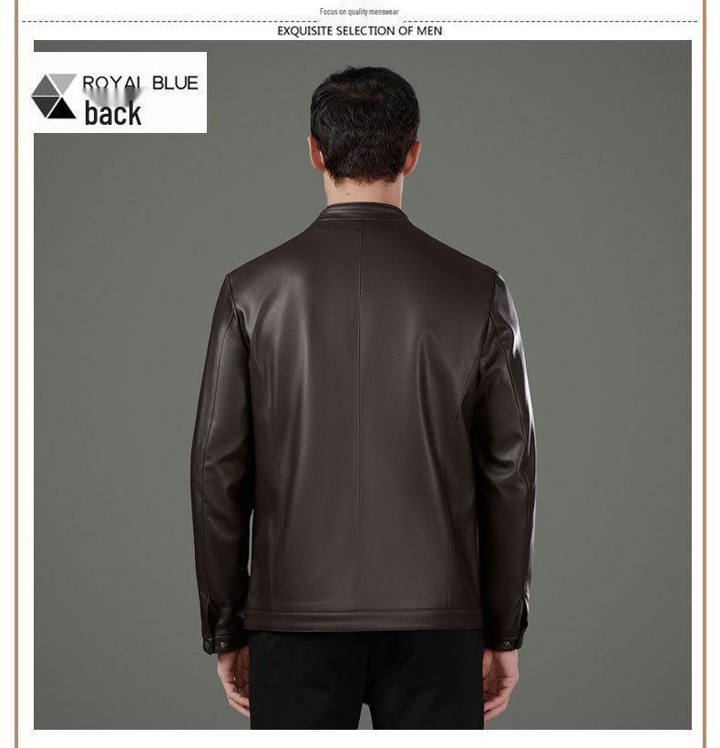 Men's Middle-Aged Business Casual Sheepskin Leather Jacket with Stand Collar and Plus Velvet Lining