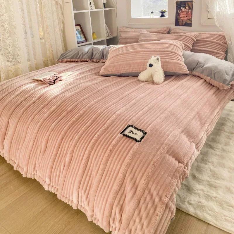 4PCS/set Thick Solid Color Velvet Duvet Cover Winter Warmth Bedding Set Double Quilt Cover Twin Queen King Comforter Cover