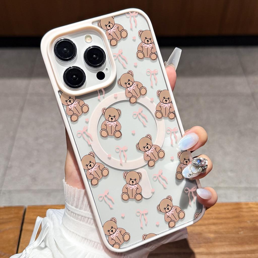 Cute Bear Bow Heart Phone Case For iPhone 17 Pro Max 16 Plus 15 14 13 12 16E 17 Air For Magsafe Wireless Charging Magnetic Cover