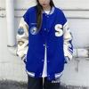 KOSIKINI Varsity Jacket for Men and Loose Cold Plus Size Women, Fit, Embroidered, Weather, Patchwork, Streetwear, (2XL, Blue)