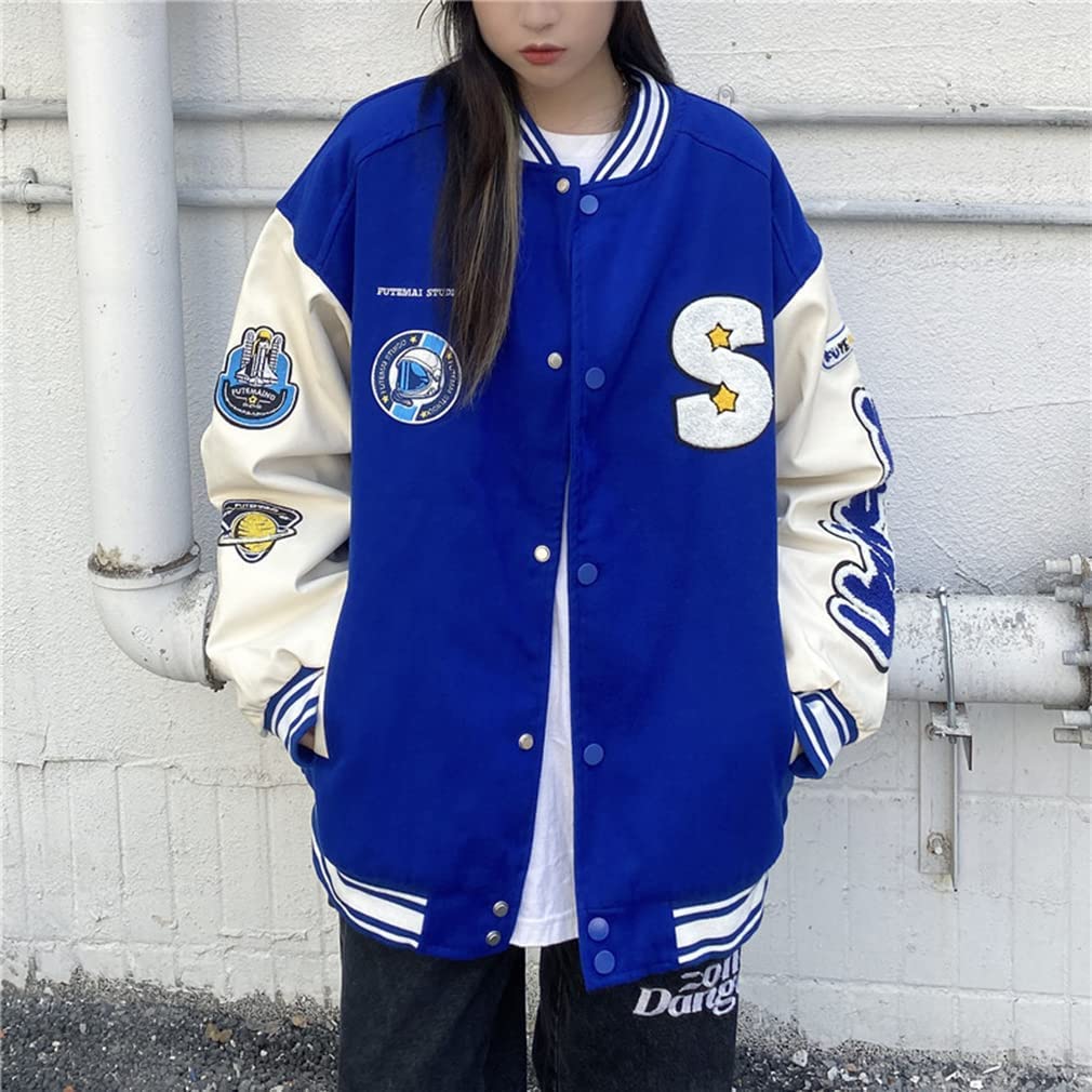 KOSIKINI Varsity Jacket for Men and Loose Cold Plus Size Women, Fit, Embroidered, Weather, Patchwork, Streetwear, (2XL, Blue)