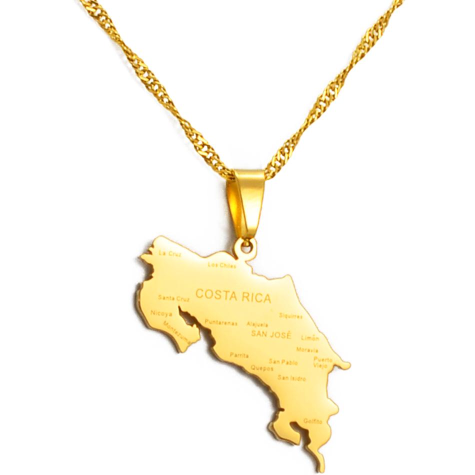 Anniyo Costa Rica Necklace Silver Color/Gold Color La Republica de Costa Rica Map & City Name Pendant Thin Chain #174621 45cm OR 17.7 Inches