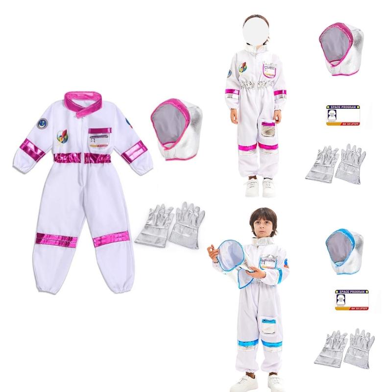 3Pcs Astronaut Costume Astronaut Suits Jumpsuit Gloves Cap Cosplay Halloween Costume Space Suits for Toddler,Kids