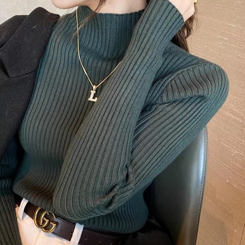 Элегантные однотонные базовые вязаные топы, женский свитер с воротником и длинным рукавом, повседневный тонкий пуловер, корейская модная простая шикарная одежда One Size зелёный