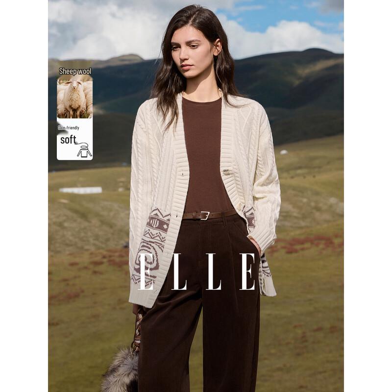 ELLE Women s Lambswool Diamond Jacquard Knit Cardigan M