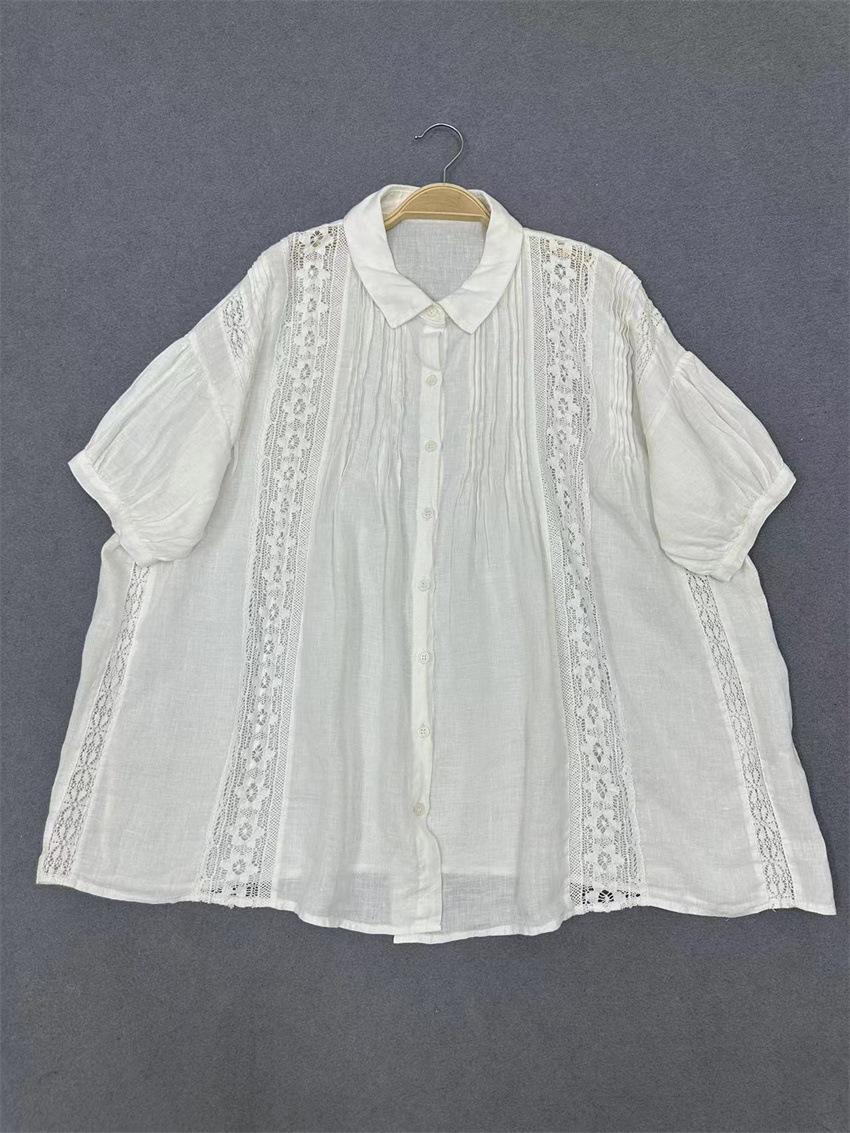 

Летние японские плиссированные свободные кружевные рубашки на пуговицах с короткими рукавами, винтажные простые топы, мягкие One Size белый